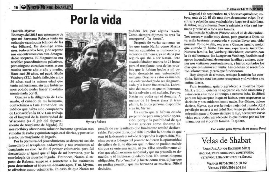 Recorte de periodico nuevo mundo Israelita Por la vida prensa historia de myrna vaisberg ser donante de higado 